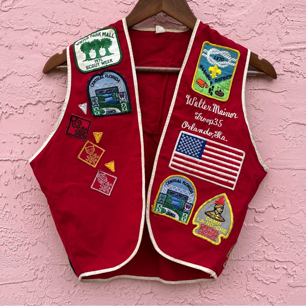 Vintage Boy Scouts Uniform Vest Red Patches Merit Badge Orlando Florida Small